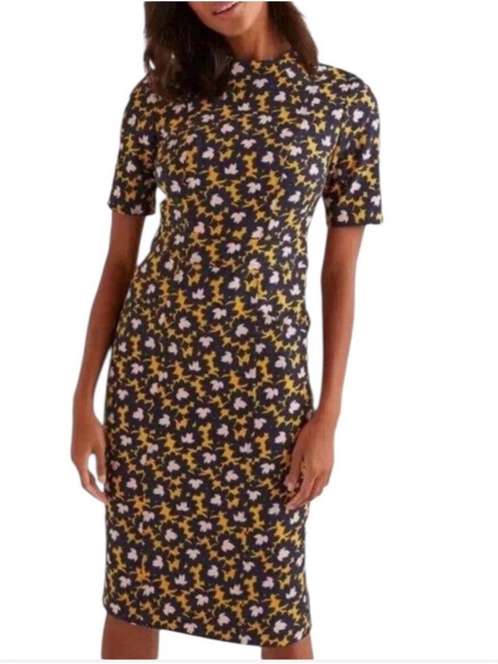 Boden Black Midi Dress with Yellow and Lavender Floral Print
